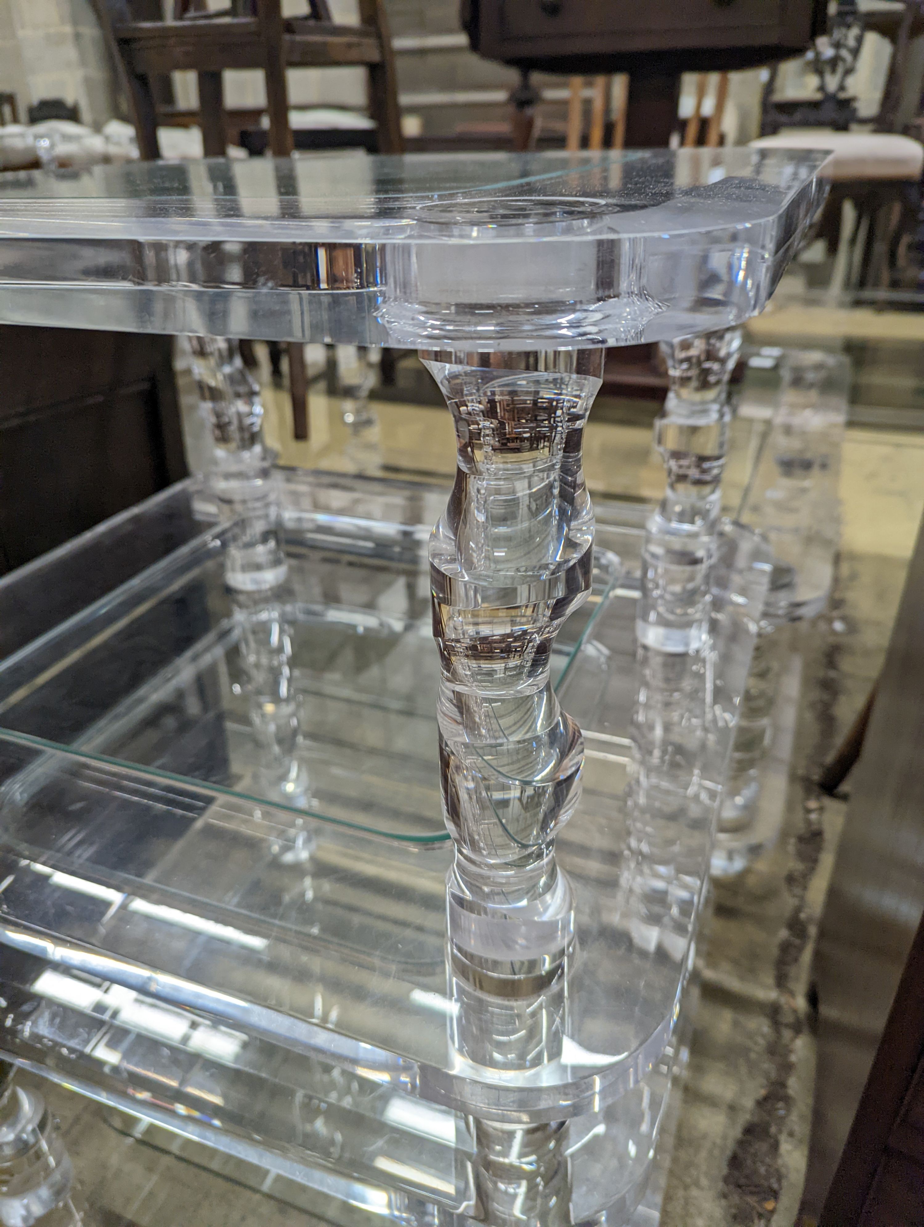 Two contemporary square perspex and glass two tier occasional tables, width 60cm, depth 40cm